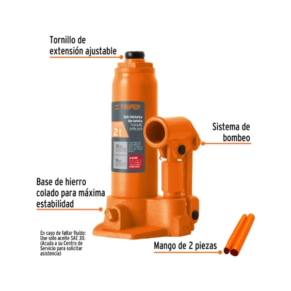 Caracteristicas del gato botella hidraulico marca truper con tornillo extensor, valvula de escape y extensiones